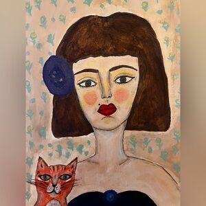 Original painting portrait of a woman and tabby orange cat 🐈